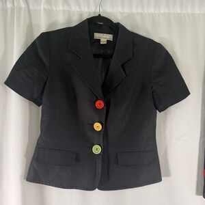 SHOMI by Miller Shor Linen Blazer Women's 6 Black 3 Button Front Short Sleeve